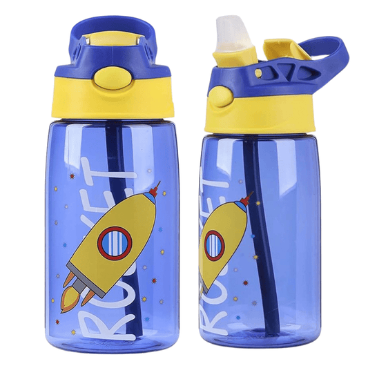 Cute Water Bottle Blue Color for Kids Rocket Design with Straw Flip and Leak Proof